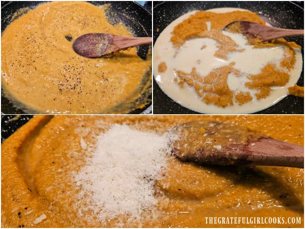 Whipping cream and Parmesan are added to the blended butternut squash sauce.
