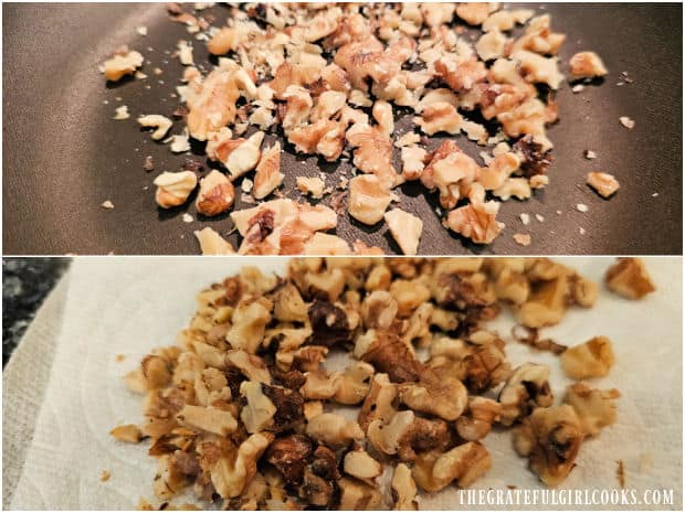 Walnut pieces are lightly toasted in skillet for optional garnish.