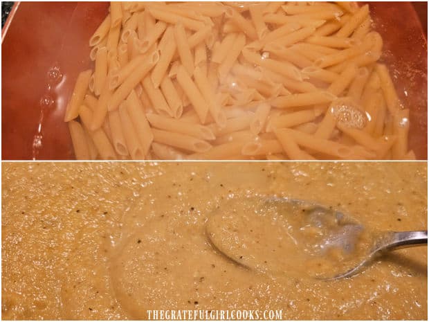 The penne pasta is cooked according to package directions. Sauce is heated through.