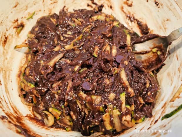The batter for chocolate zucchini cake is mixed and ready.