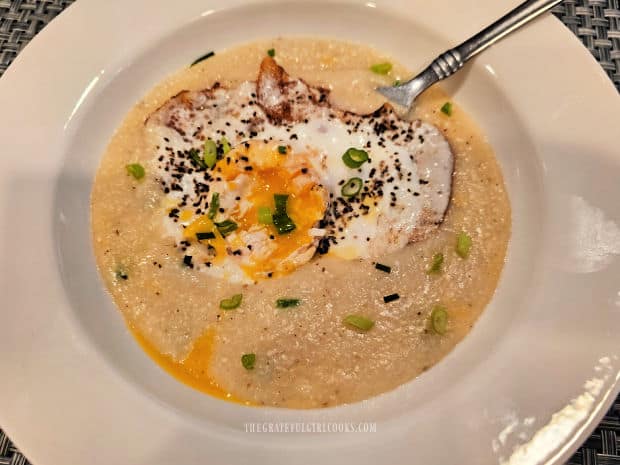 Egg Topped Cheesy Grits - The Grateful Girl Cooks! Egg topped cheesy grits are ready to be enjoyed.