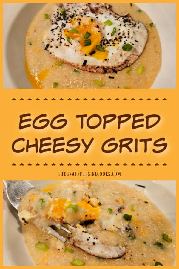 Egg Topped Cheesy Grits - The Grateful Girl Cooks! Egg Topped Cheesy Grits is an easy, filling breakfast made in minutes using quick cooking grits, cheddar cheese, green onions and spices.