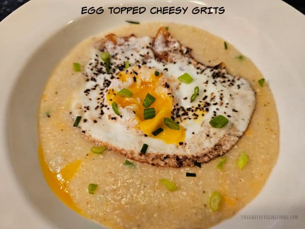 Egg Topped Cheesy Grits - The Grateful Girl Cooks! Egg Topped Cheesy Grits is an easy, filling breakfast made in minutes using quick cooking grits, cheddar cheese, green onions and spices.