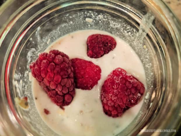 Raspberry Coconut Overnight Oats - The Grateful Girl Cooks! Several raspberries (fresh or frozen) are added to each jar.