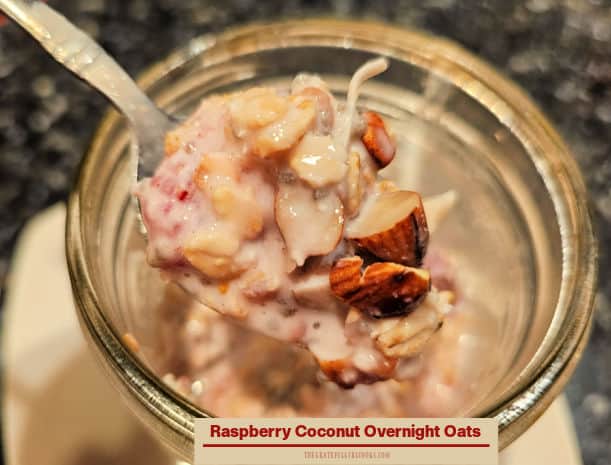 Raspberry Coconut Overnight Oats - The Grateful Girl Cooks! Make Raspberry Coconut Overnight Oats, a tasty breakfast with oats, Greek yogurt, raspberries, almonds, coconut, etc. Make ahead-chill-enjoy!