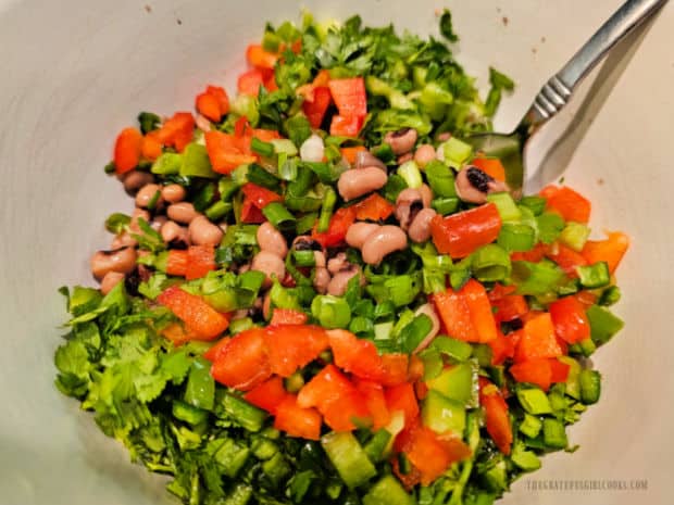Texas Caviar - The Grateful Girl Cooks! All ingredients are chopped and prepared, then added to blackeye peas.
