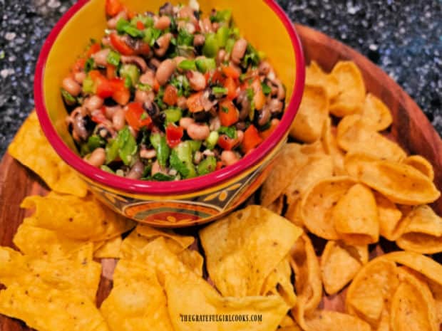 Texas Caviar - The Grateful Girl Cooks! Texas caviar is served with chips to use for dipping.