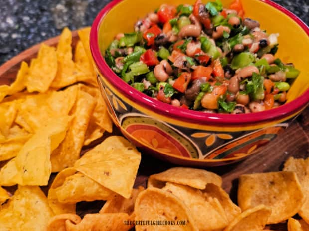 Texas Caviar - The Grateful Girl Cooks! A bowl of Texas caviar is served with chips as an appetizer.