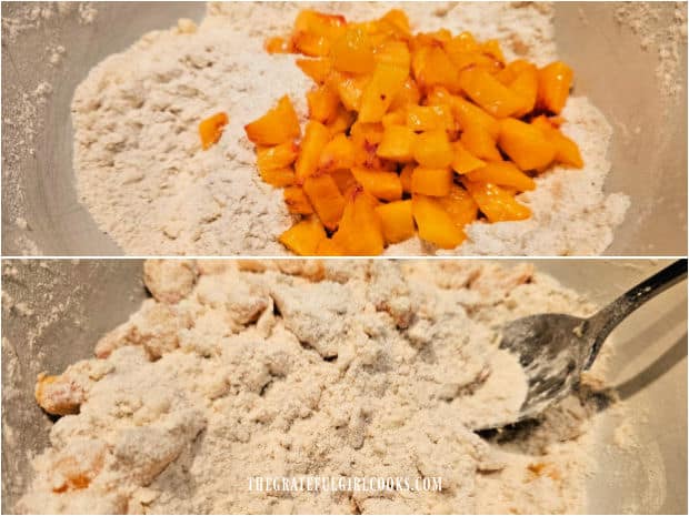 Glazed Peach Scones - The Grateful Girl Cooks! Fresh peach chunks are added to the dry mixture and stirred to combine.