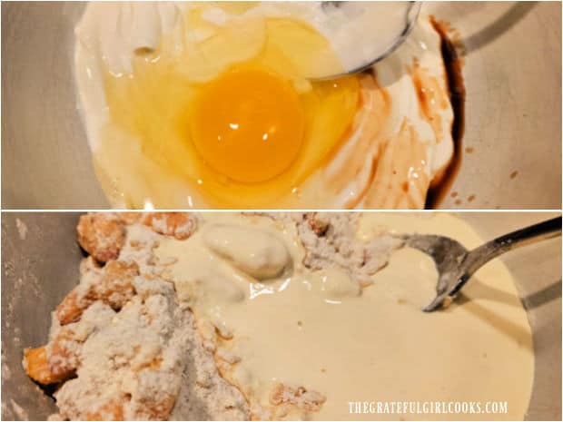 Glazed Peach Scones - The Grateful Girl Cooks! Sour cream, vanilla and an egg are mixed into the scone batter.