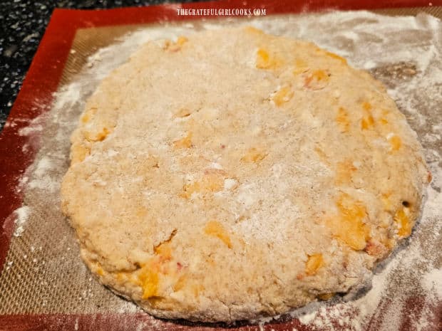 Glazed Peach Scones - The Grateful Girl Cooks! Peach scone dough is shaped into a circle for slicing into 8 wedges.