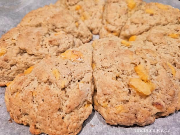 Glazed Peach Scones - The Grateful Girl Cooks! After baking, the scones are fused together and cooling.