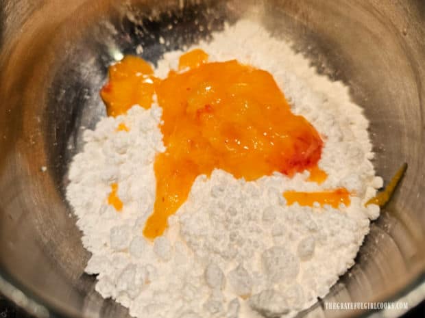 Glazed Peach Scones - The Grateful Girl Cooks! A crushed peach, powdered sugar and vanilla are combined to make icing.