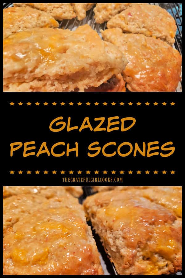 Glazed Peach Scones - The Grateful Girl Cooks! Glazed Peach Scones are a tasty snack or breakfast treat! Filled with fresh peaches and glazed with a sweet peach icing, they are delicious!