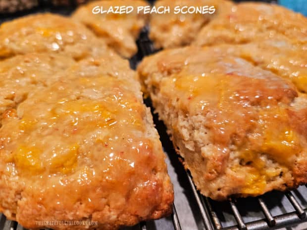Glazed Peach Scones - The Grateful Girl Cooks! Glazed Peach Scones are a tasty snack or breakfast treat! Filled with fresh peaches and glazed with a sweet peach icing, they are delicious!