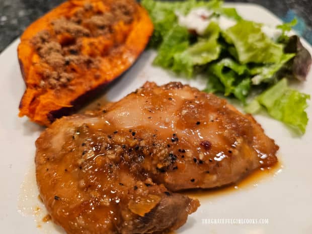 Apricot Glazed Chicken Thighs - The Grateful Girl Cooks! One of the apricot glazed chicken thighs served with salad and a sweet potato.