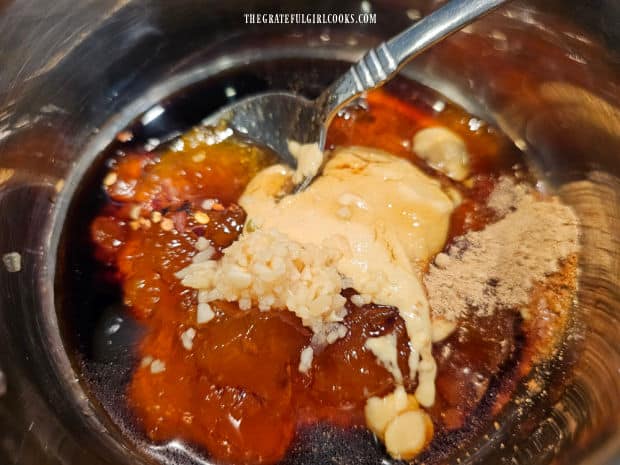 Apricot Glazed Chicken Thighs - The Grateful Girl Cooks! Ingredients for the apricot sauce are combined and heated in a saucepan.